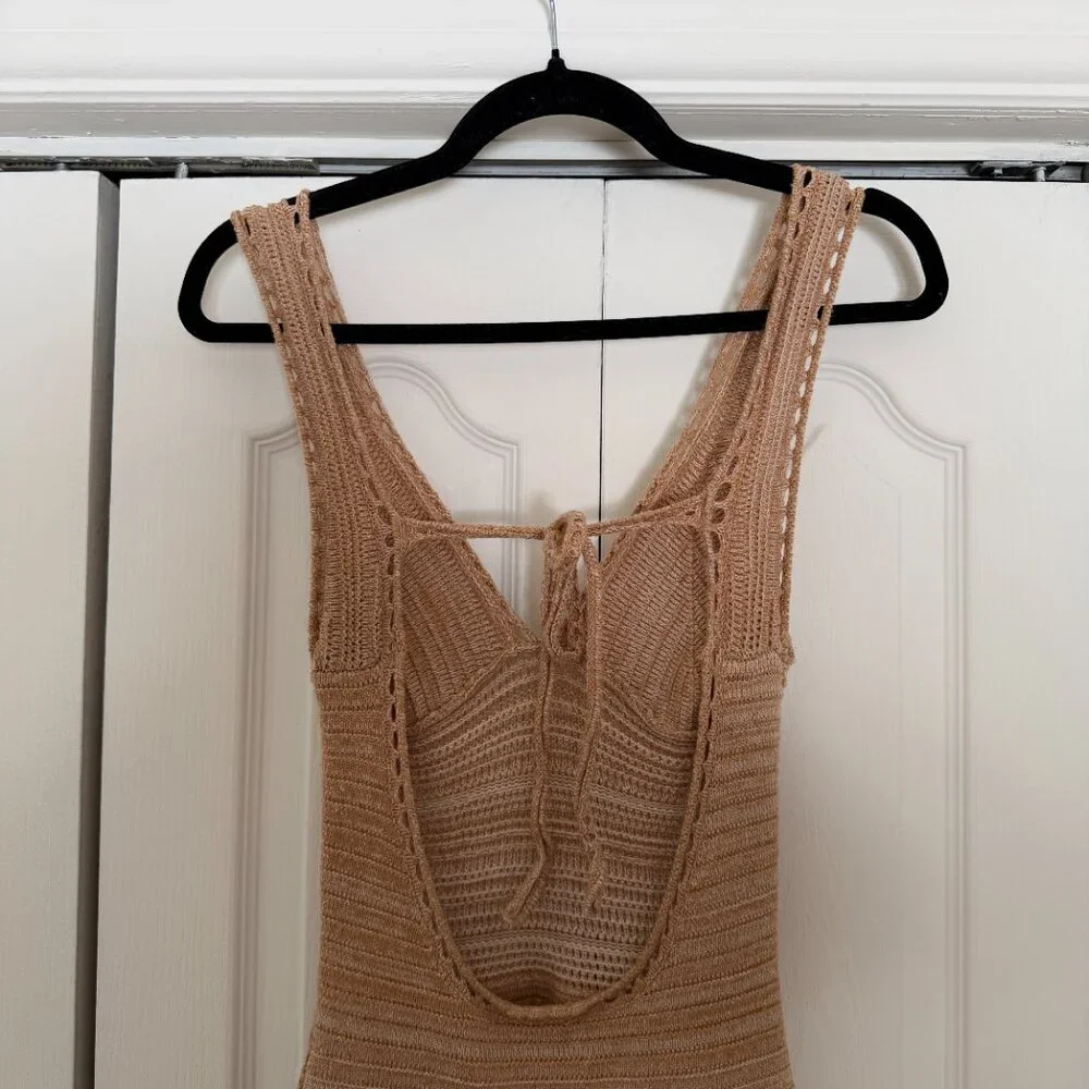 Beige Crochet Knit Backless Maxi Dress - Picture 4 of 8